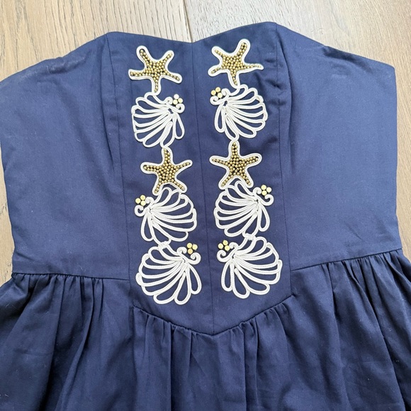 Lilly Pulitzer Mayfield Navy Blue Seashell Starfish Beaded Strapless Dress 6 - Picture 2 of 11